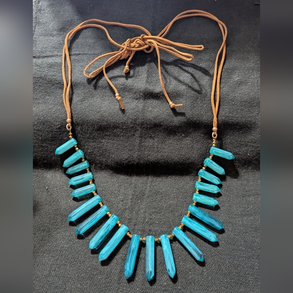 Brown Suede Cord Turquoise Blue Resin Spears Statement Necklace
